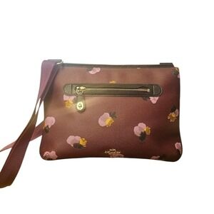 Coach Crossbody Bag Burgundy Floral Print Leather Zip Pocket Adjustable Strap